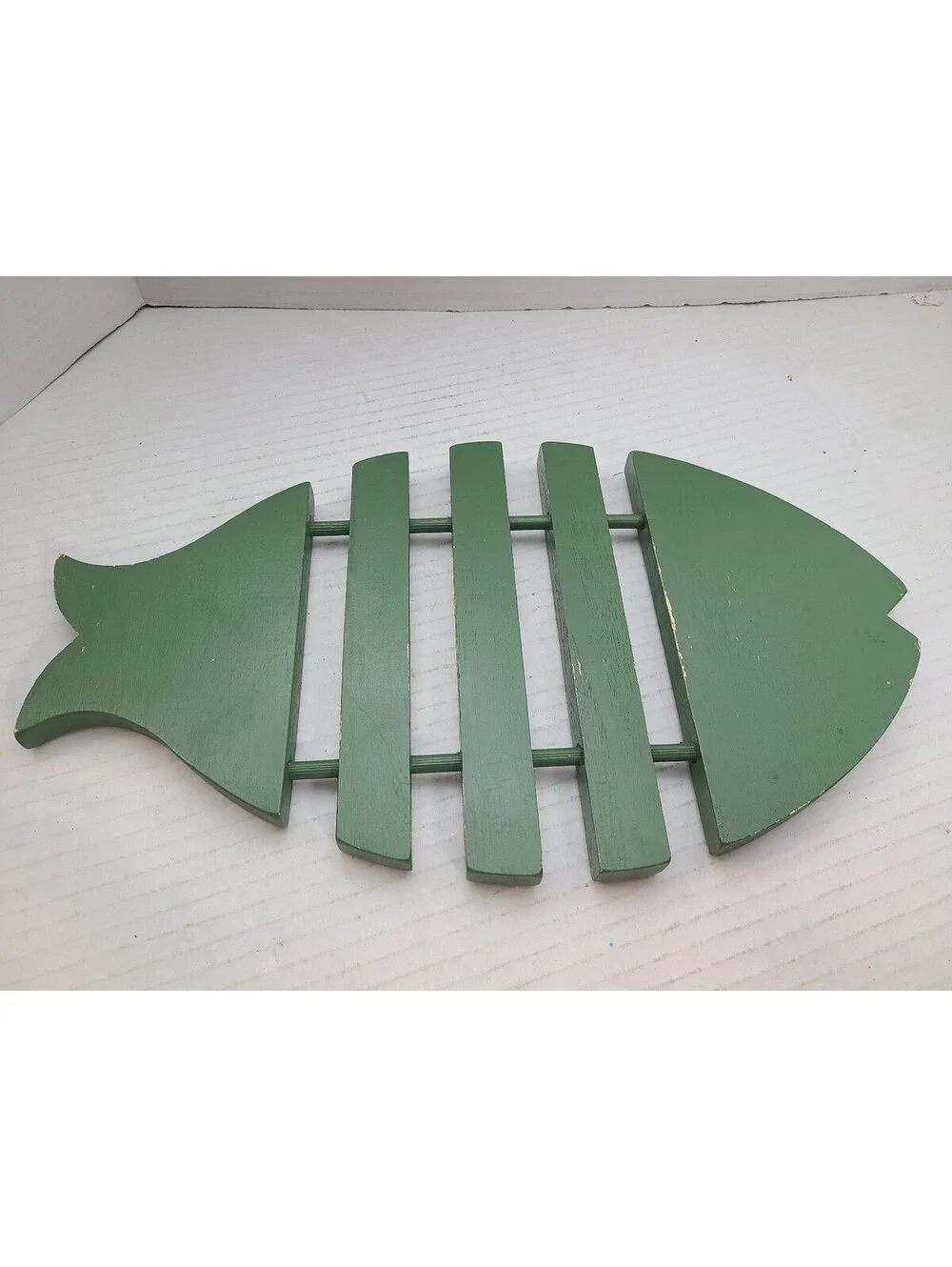 Green Wooden Fish Shaped Vintage Trivet Hot Plate Wall Art